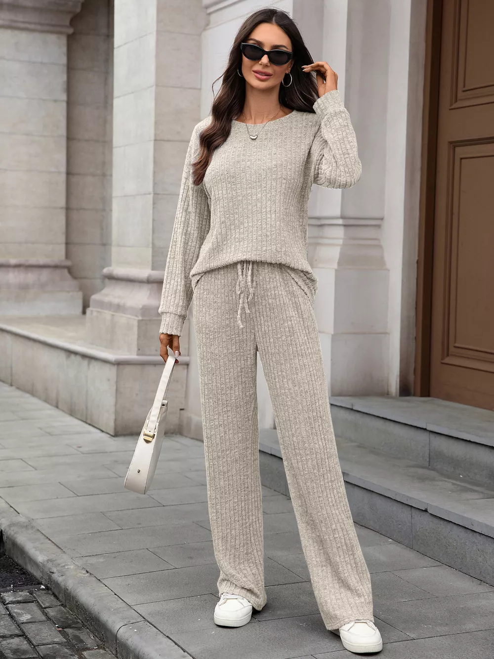 Ribbed Round Neck Top and Pants Set