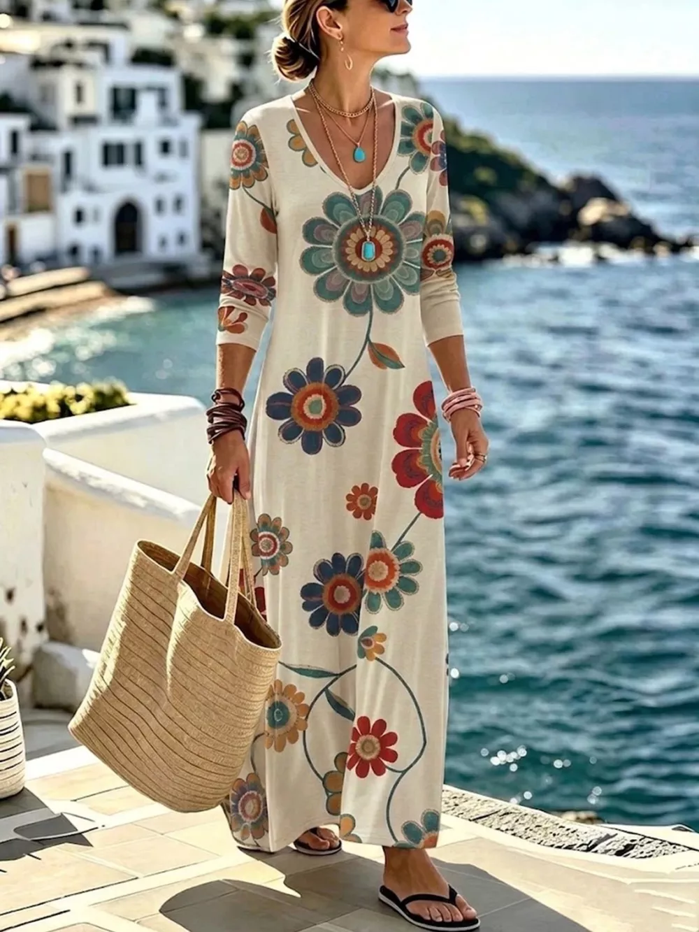 Floral Print V-Neck Long Sleeve Maxi Dress, image 4