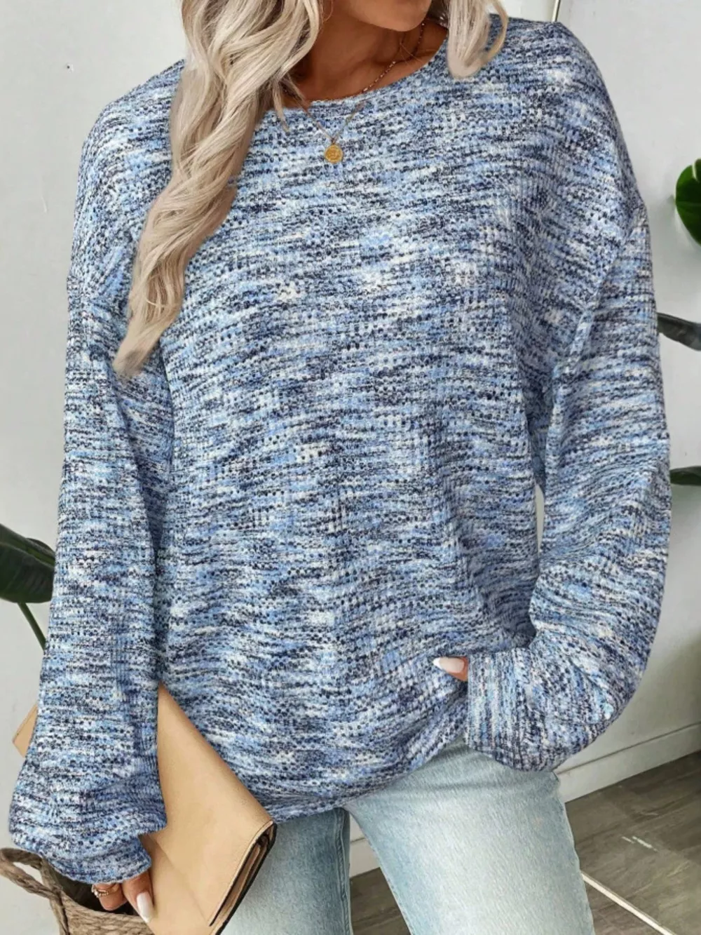 Space-Dyed Long Sleeve Waffle-Knit Top, image 4