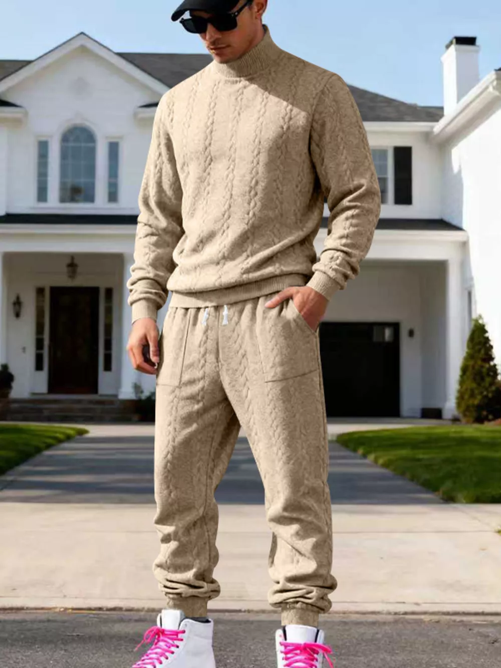Men's Full Size Cable Knit Mock Neck Sweater and Joggers Set Plus Size, image 10