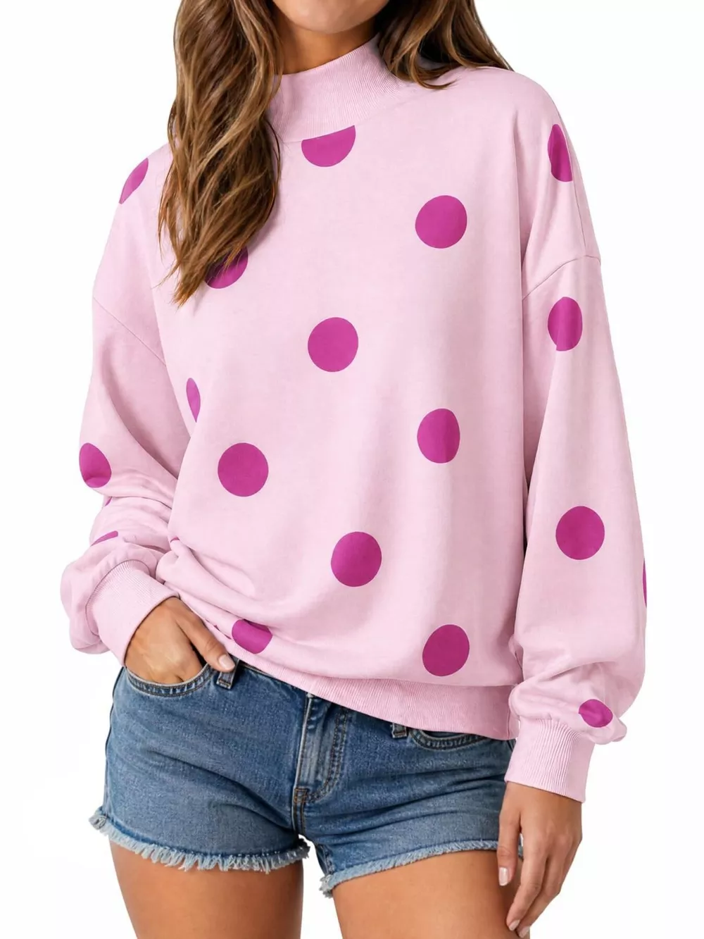 Mock Neck Polka Dot Print Oversized Sweatshirt, image 4
