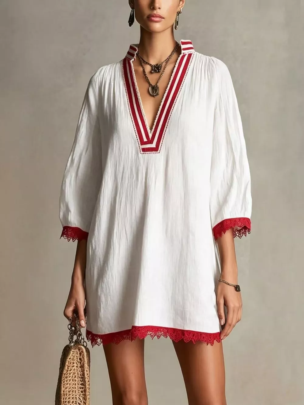 Lace Trim Notched Mini Dress, image 3