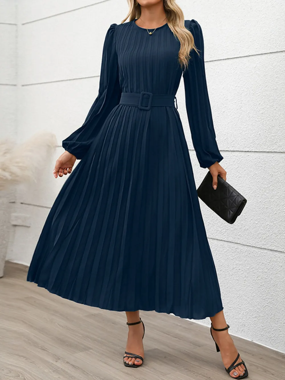 Pleated Round Neck Long Sleeve Dress, image 10