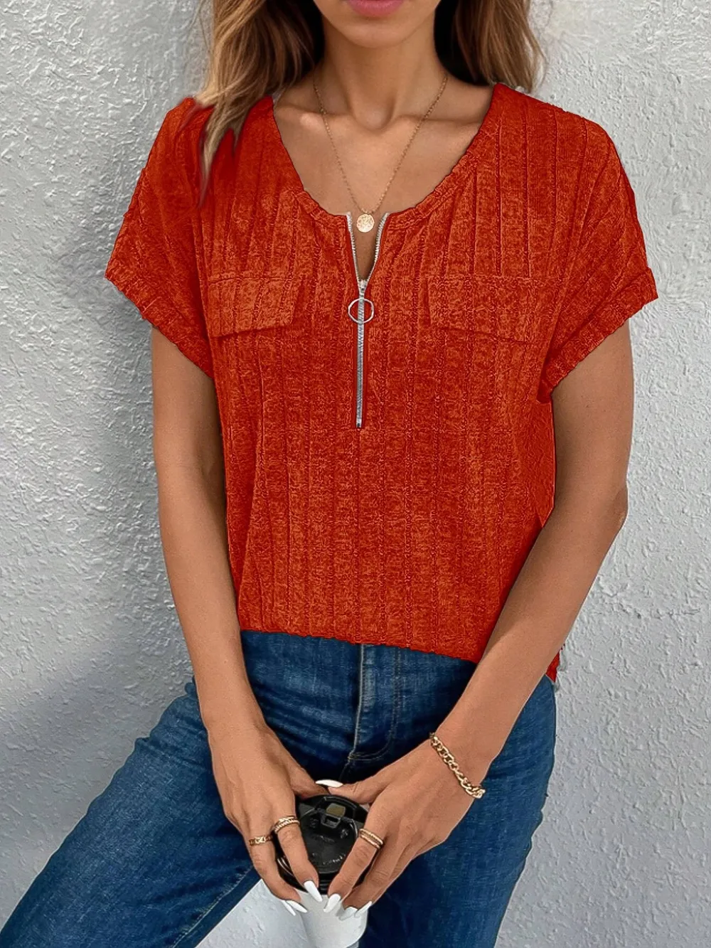 Zip-Front Short Sleeve T-Shirt, image 10