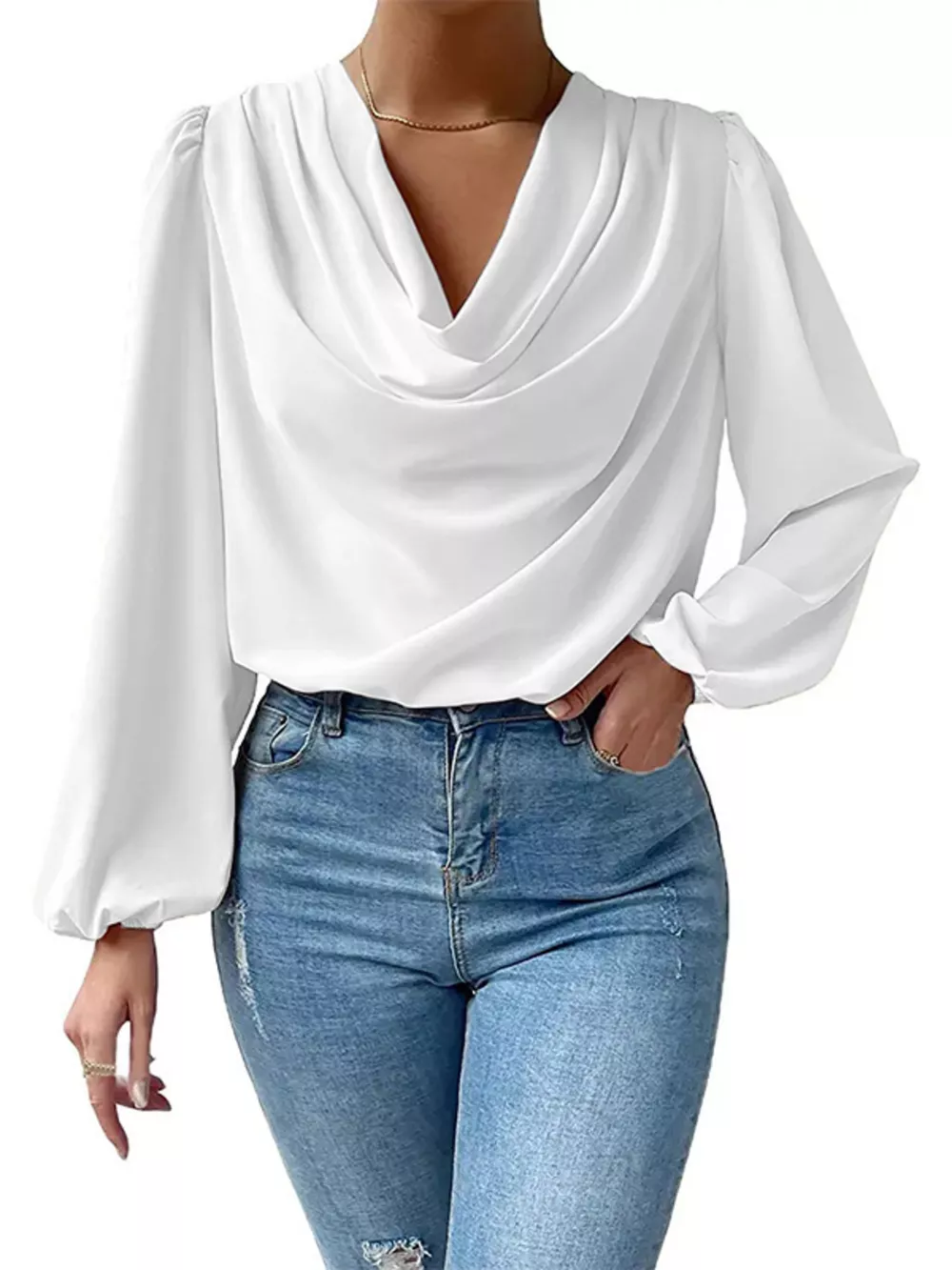 Full Size Cowl Neck Balloon Sleeve Blouse Plus Size, image 14