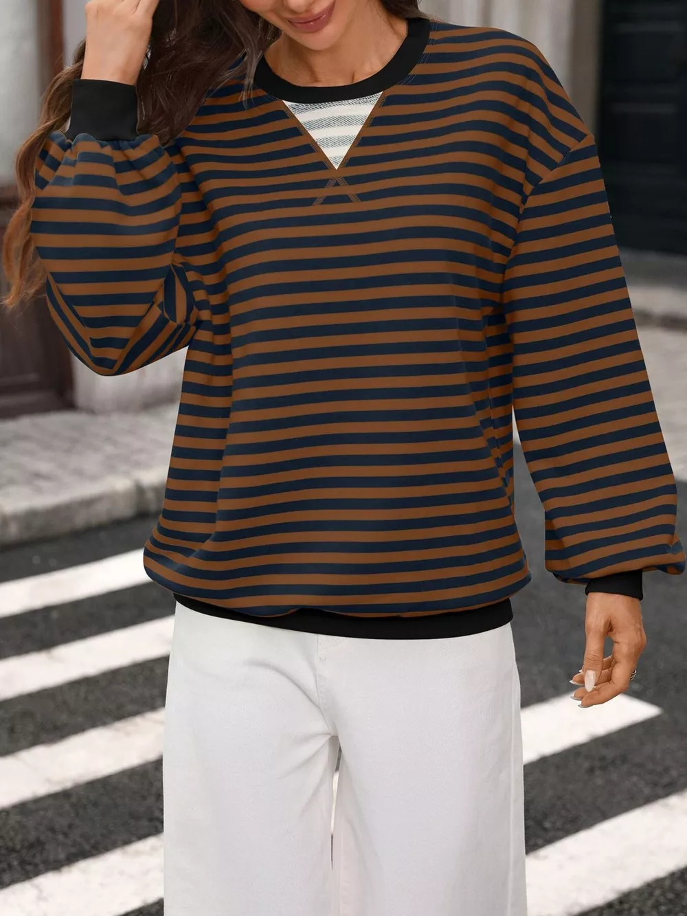 Contrast Trim Striped Crew Neck Sweatshirt, image 23