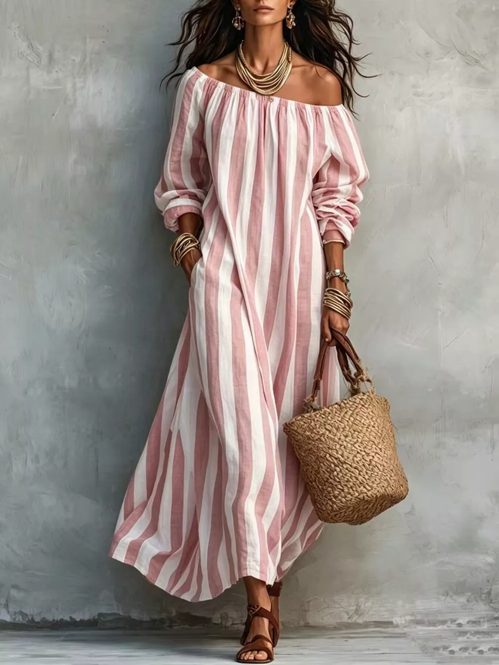 Off-Shoulder Striped Dress with Pockets, image 3
