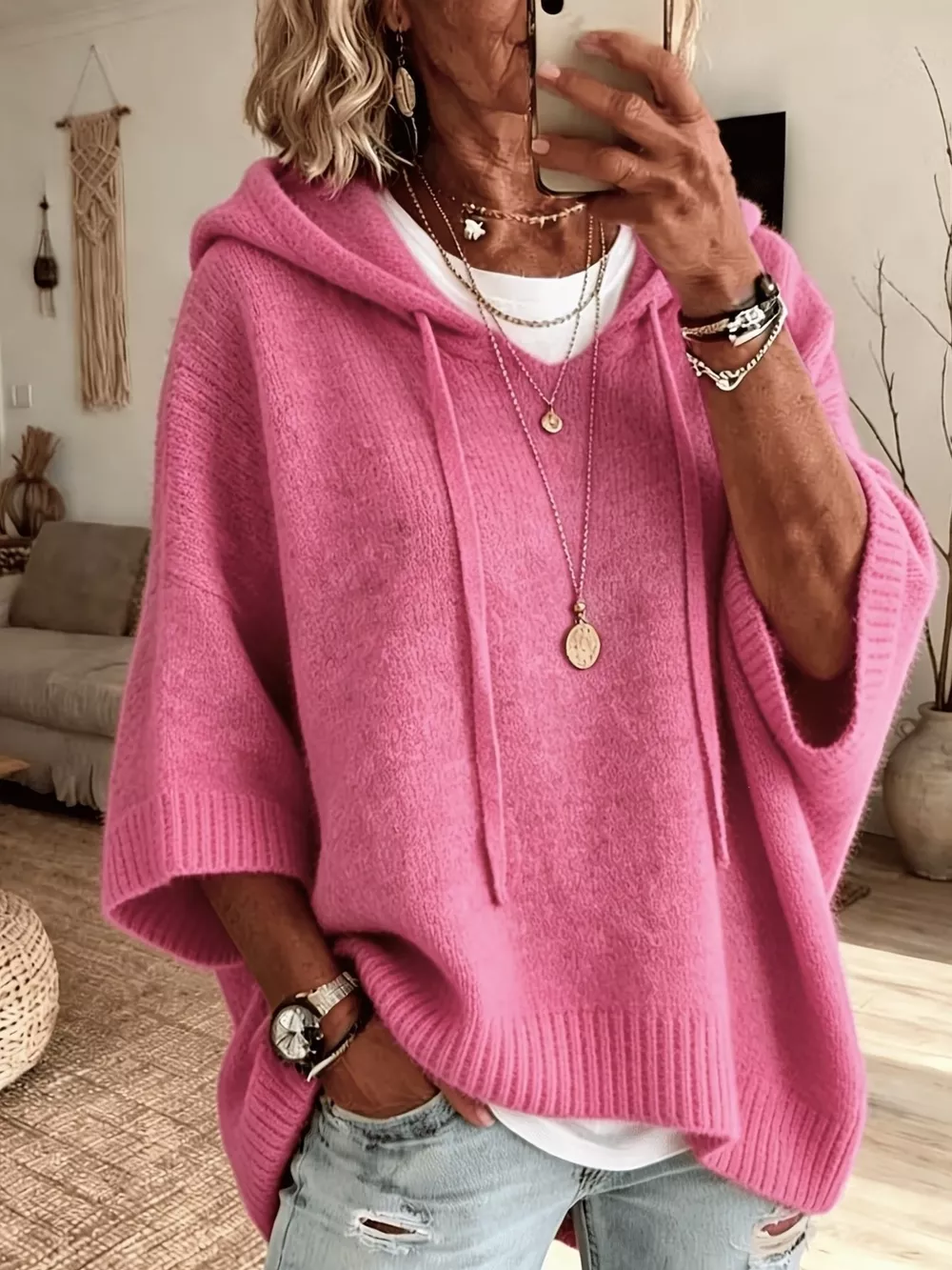 Casual Loose Fit Hooded Knit Sweater with Ribbed Hem, image 15