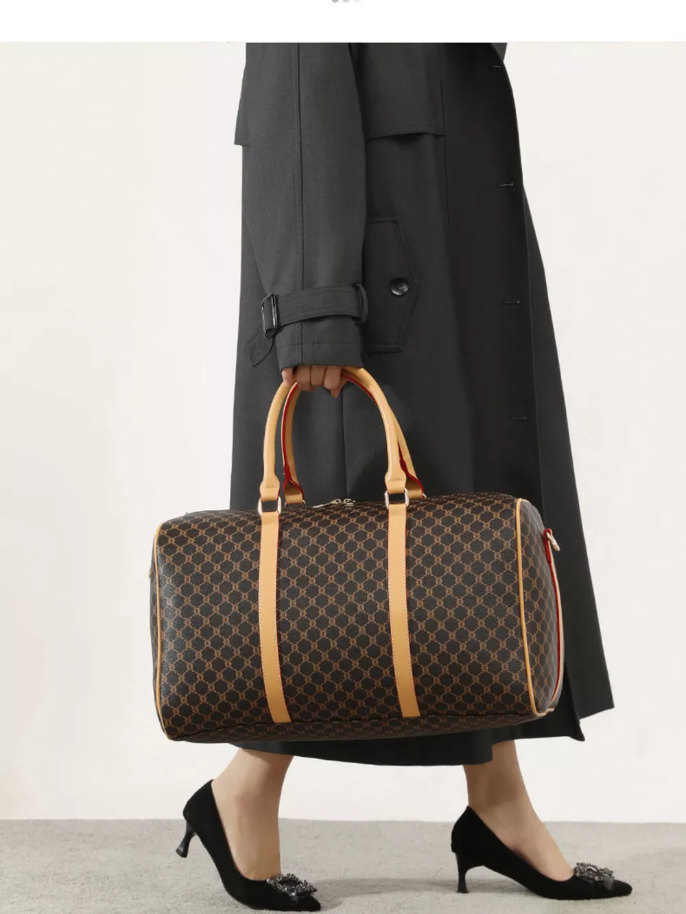 Patterned Leather Travel Duffle Bag with Reinforced Handles, image 4
