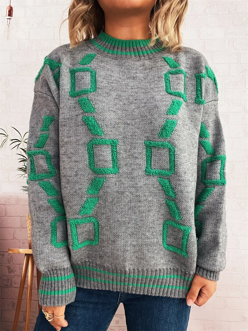Contrast Round Neck Long Sleeve Sweater, image 21