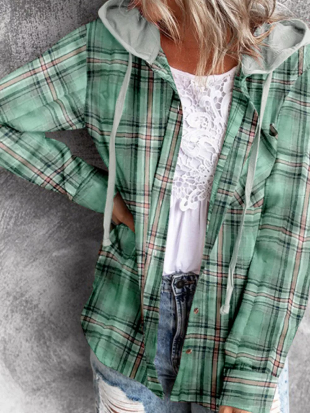 Hooded Plaid Button-Up Shirt, image 12