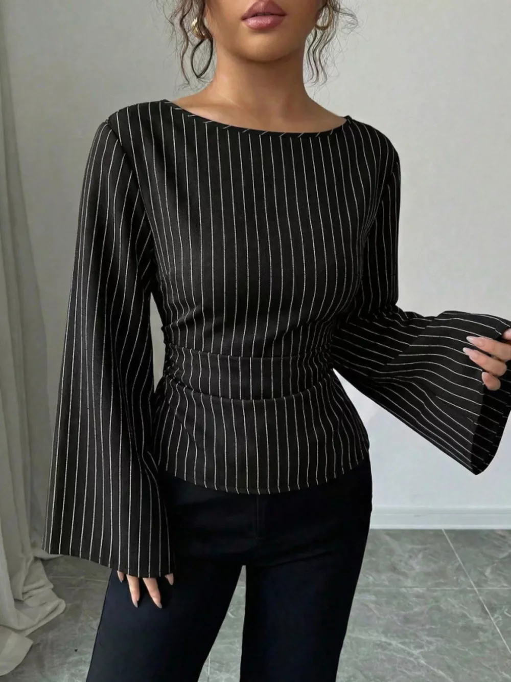 Elegant Pinstriped Bell Sleeve Blouse with Back Lace Up
