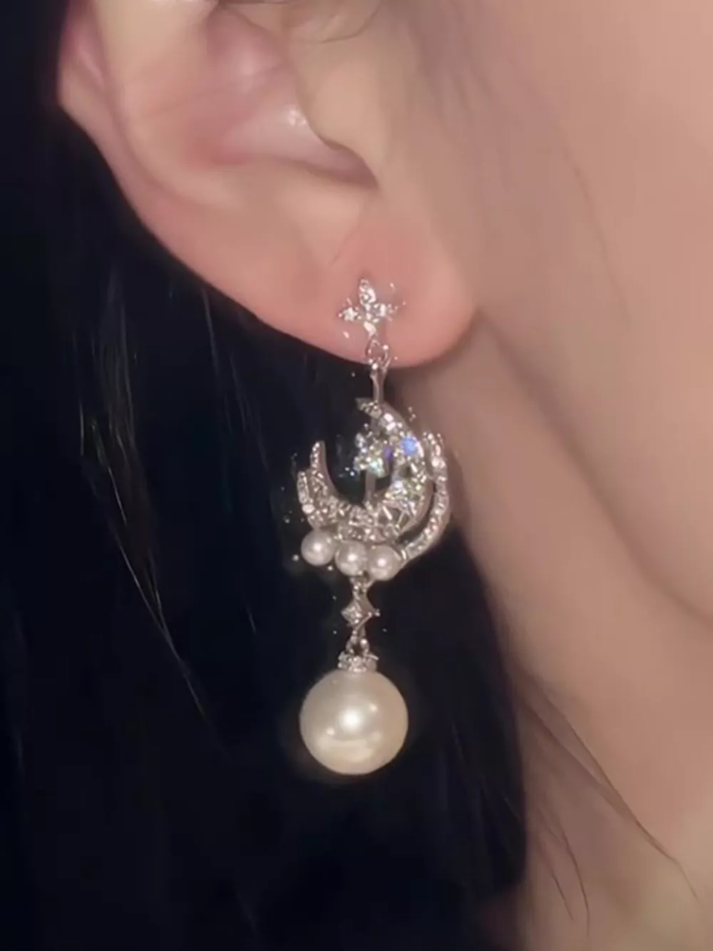 Moon & Star Pearl Dangle Earrings, image 3