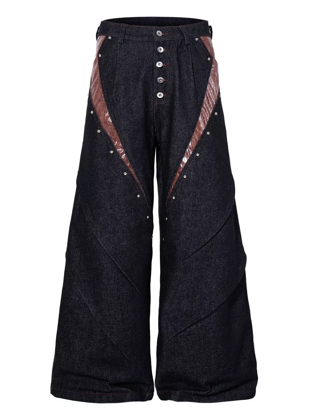 Men's Contrast Faux Leather Paneling Button Fly Jeans