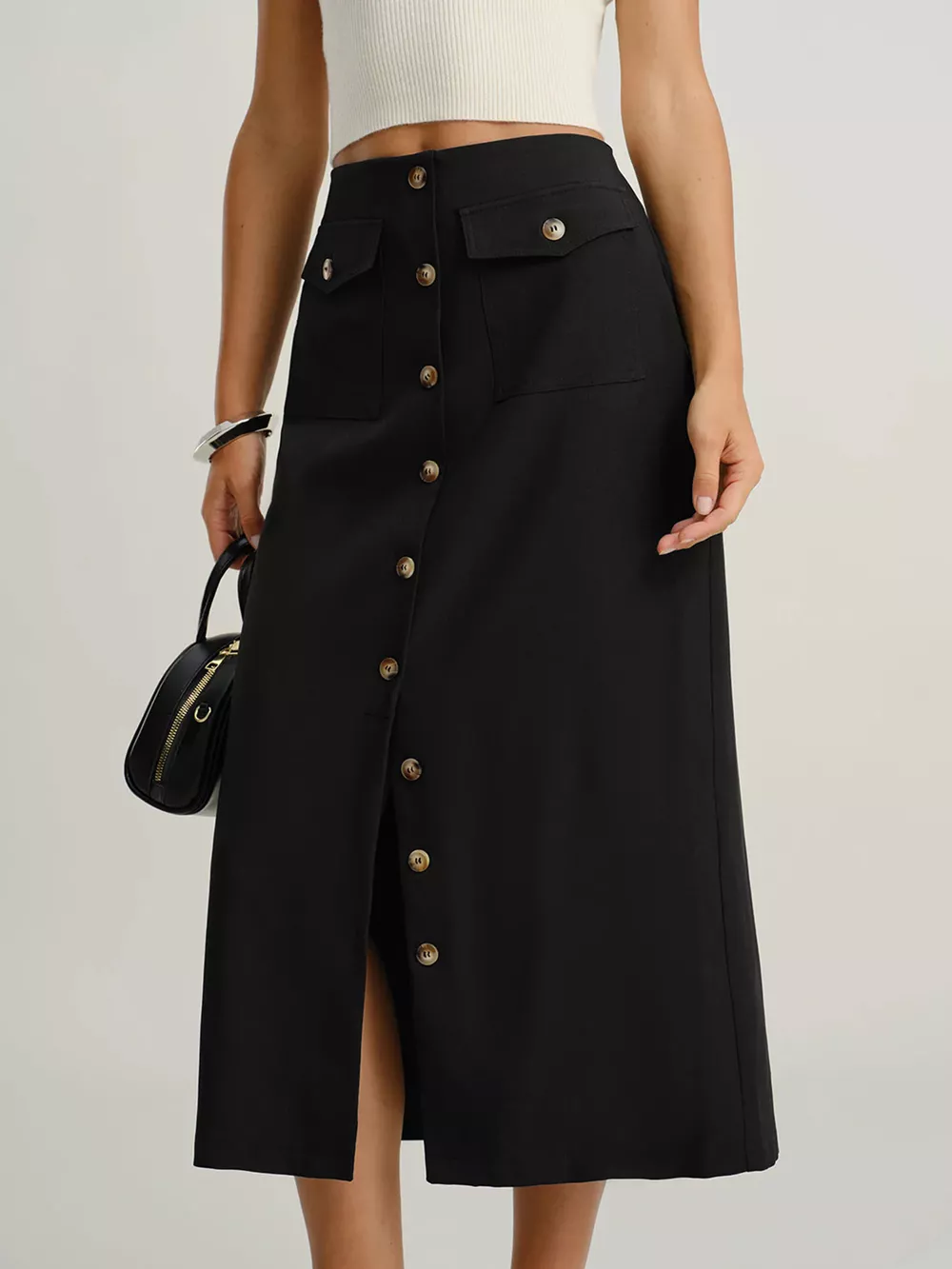 Button-Front Midi Skirt with Pockets, image 7