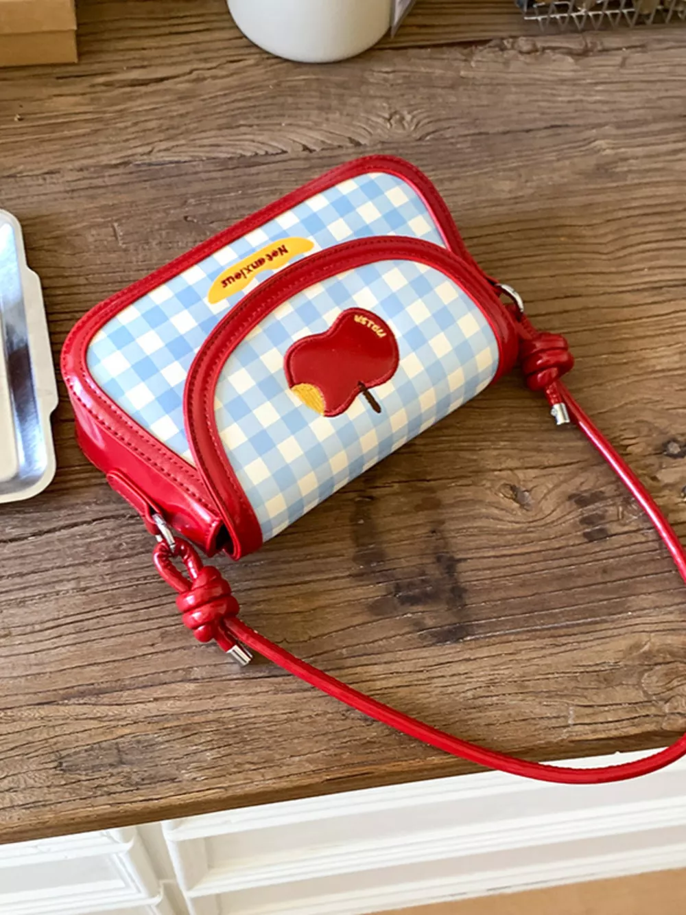 Apple Gingham Pattern Shoulder Bag, image 4