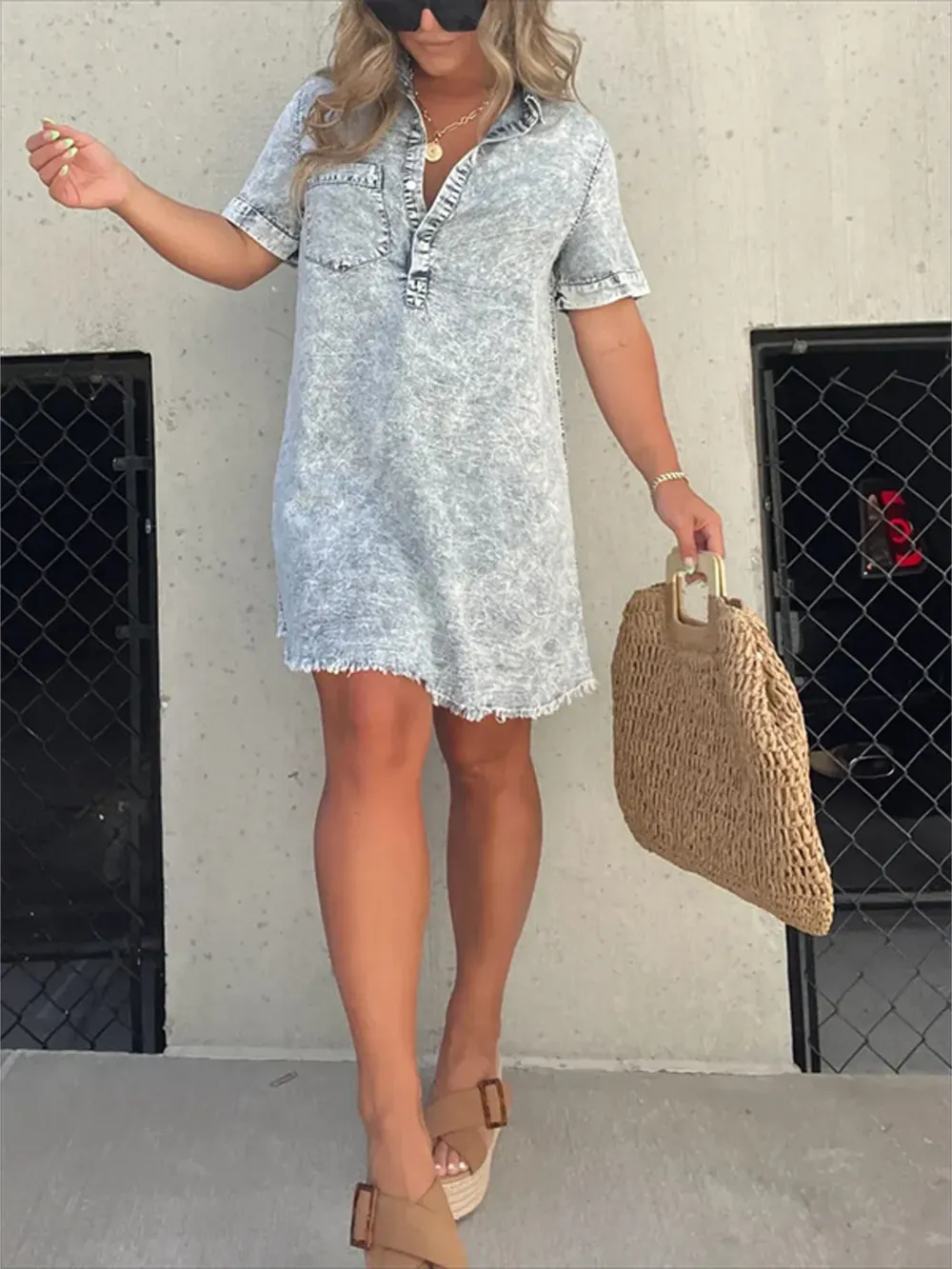 Full Size Raw Hem Short Sleeve Denim Dress Plus Size, image 5