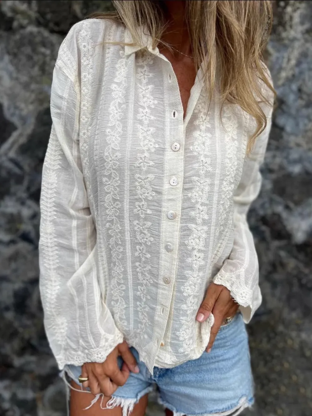 Floral Embroidered Button Down Shirt, image 6