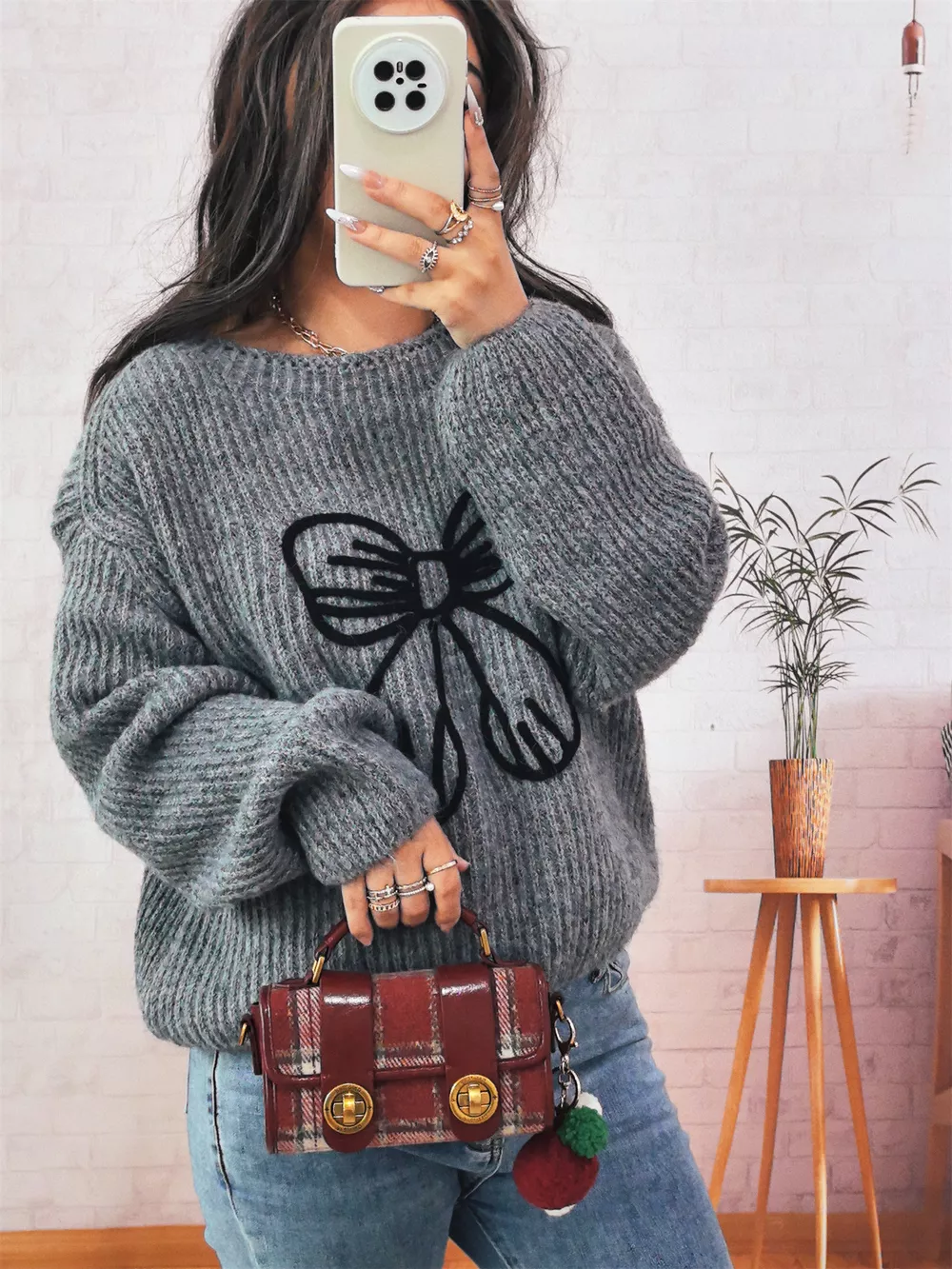 Bow Round Neck Long Sleeve Sweater, image 14
