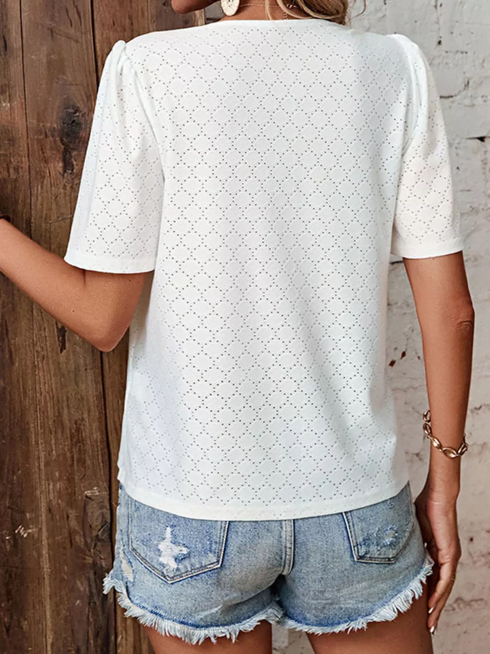 Eyelet Lace Detail Short Sleeve Blouse, image 3