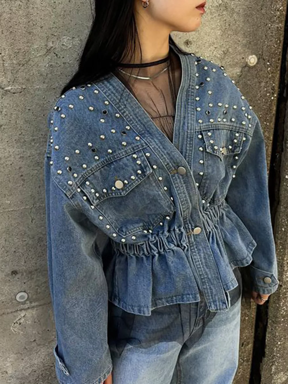 Studded Button Up Denim Jacket, image 3
