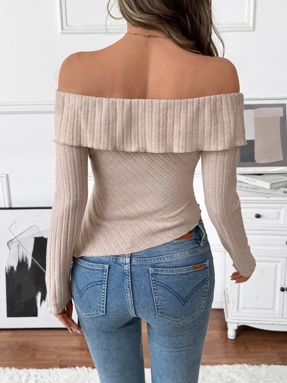 Asymmetrical Off-Shoulder Knit Top, image 6