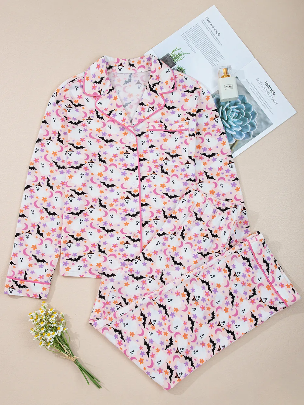 Halloween Ghost Print Button Up Top and Pants Lounge Set, image 5