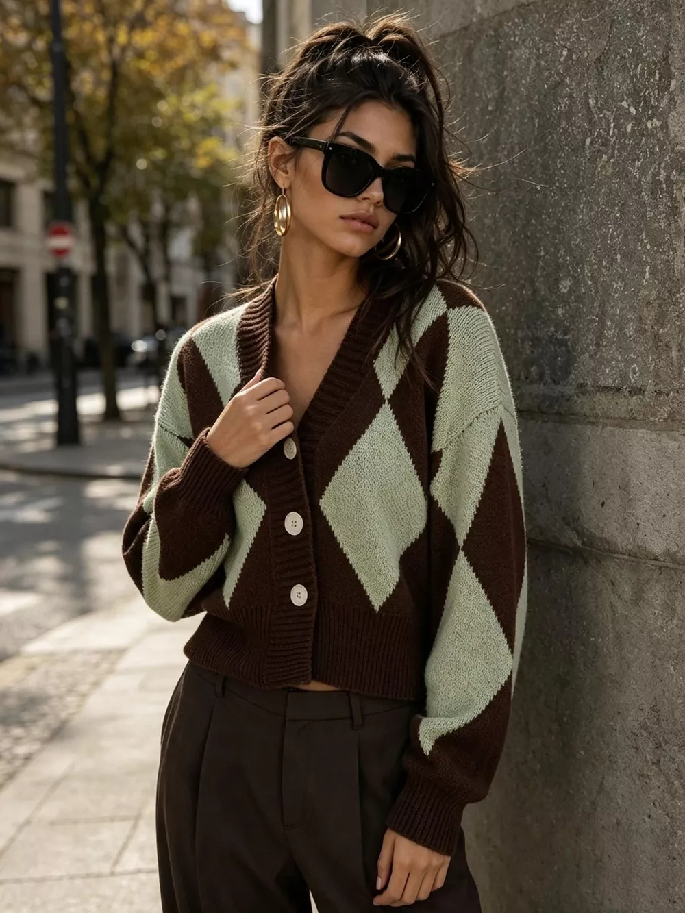 Argyle Pattern V-Neck Button-Down Cardigan, image 9