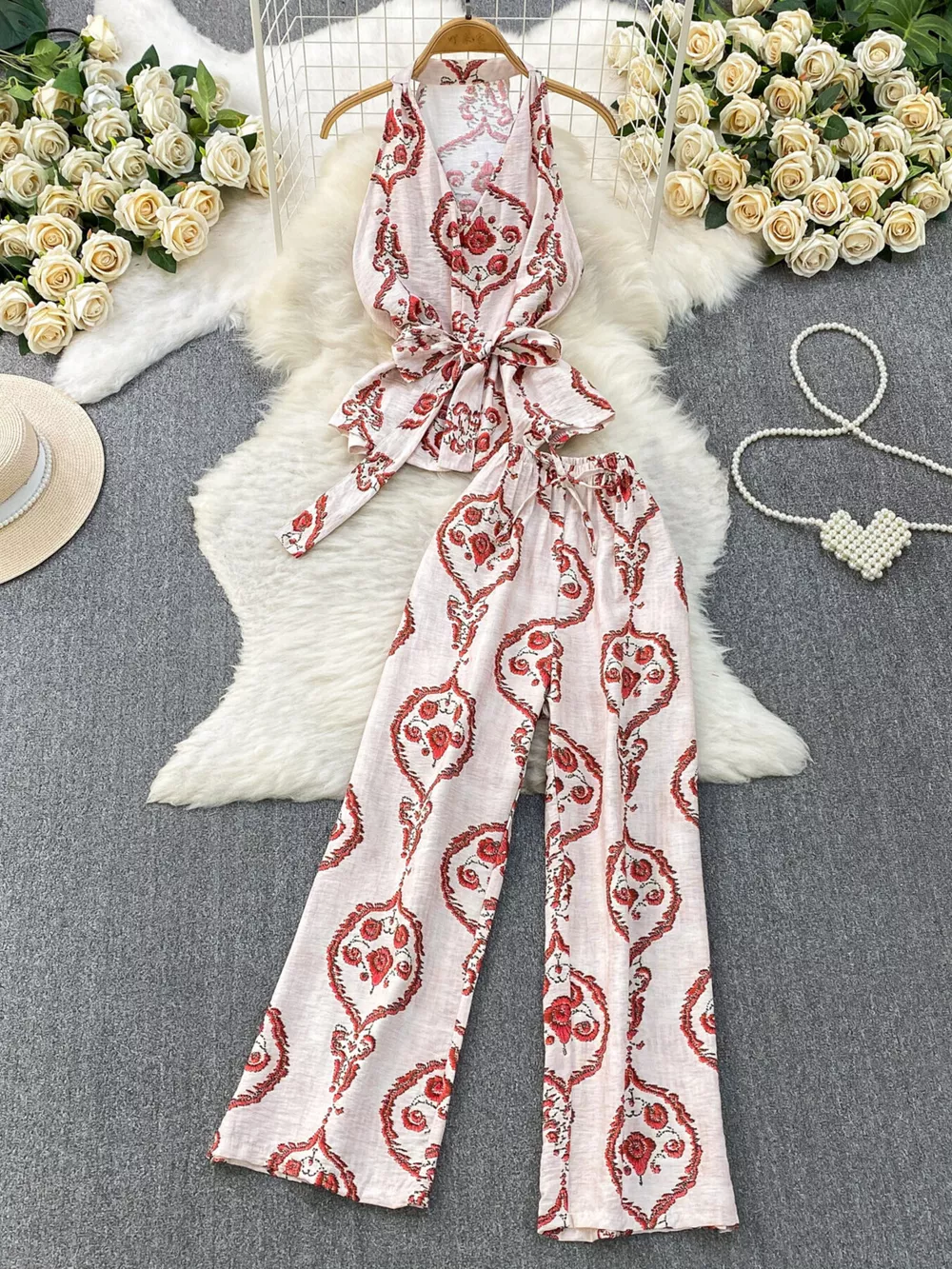 Printed Sleeveless Top and Wide Leg Pants Set, image 22