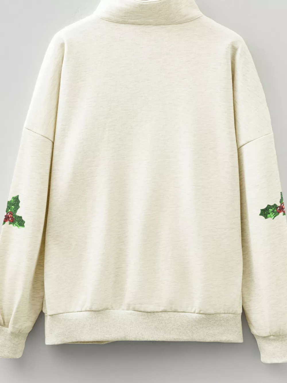Sequin Santa Christmas Holly Patched Striped Trim Zip V Neck Sweatshirt, image 2