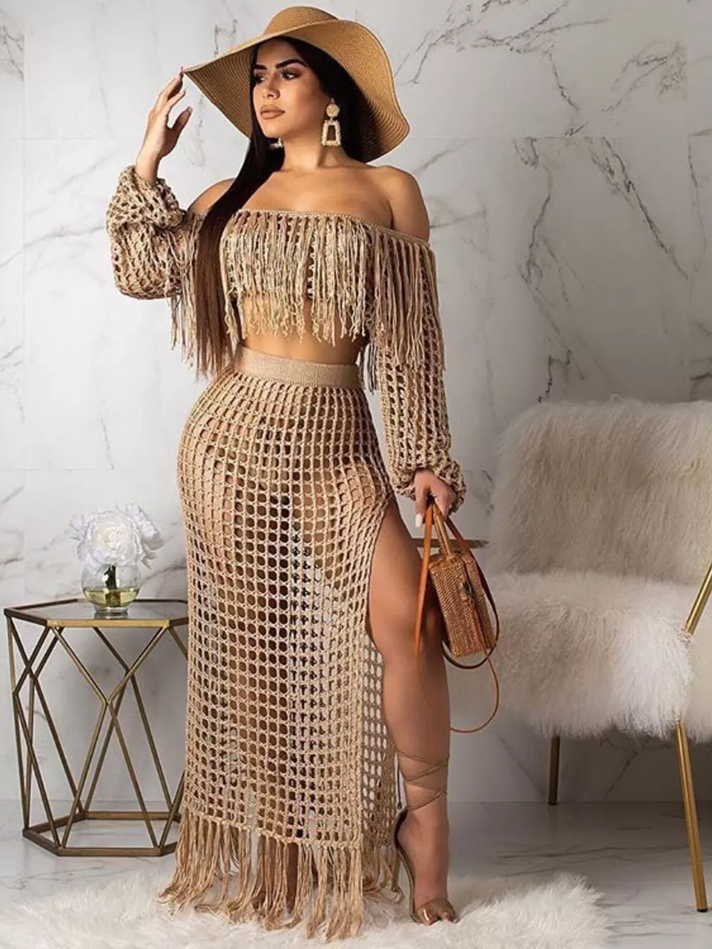 Full Size Crochet Off-Shoulder Fringe Top and Skirt Set Plus Size, image 10