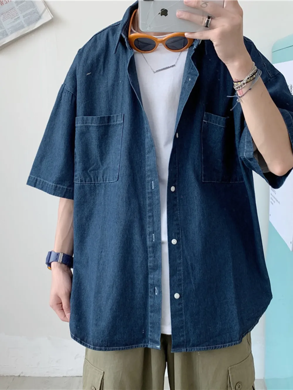 Men's Button Up Short Sleeve Denim Shirt