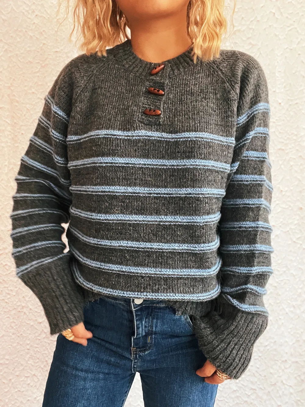Striped Button Detail Long Sleeve Sweater, image 15