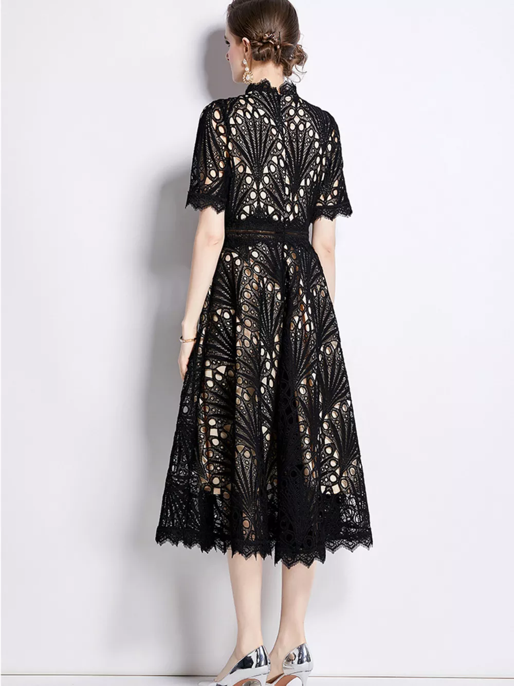 Full Size Lace Short Sleeve Midi Dress Plus Size, image 8