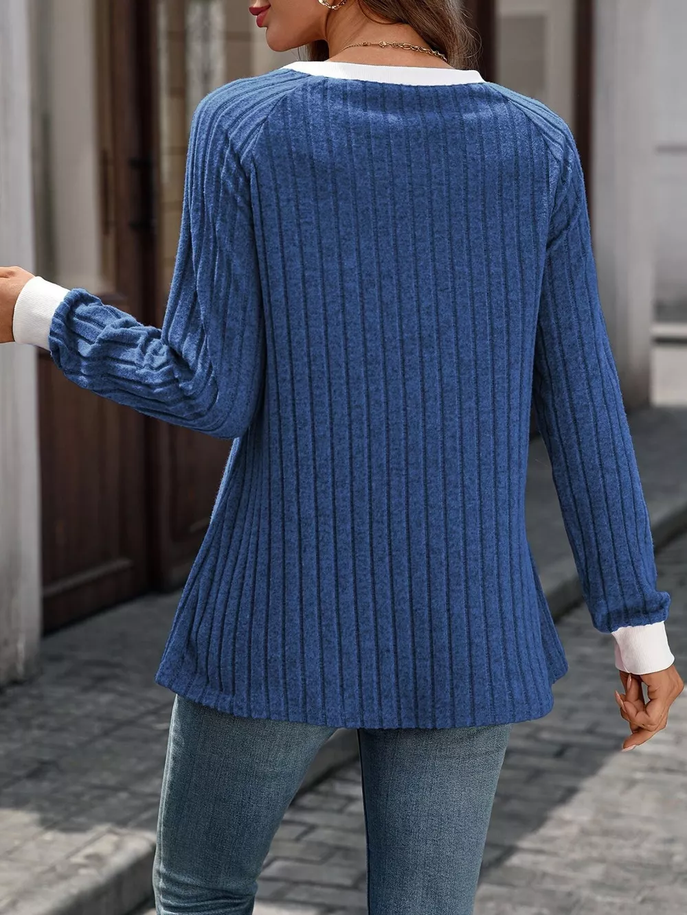 Ribbed Round Neck Raglan Sleeve Knit Top, image 4