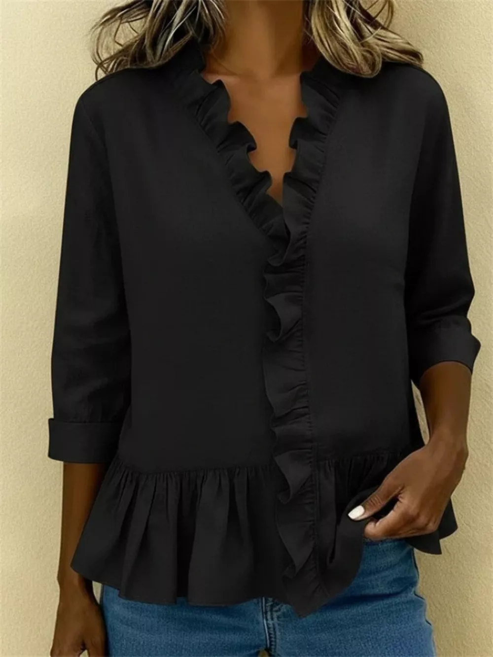 Full Size Ruffled V-Neck Long Sleeve Blouse Plus Size