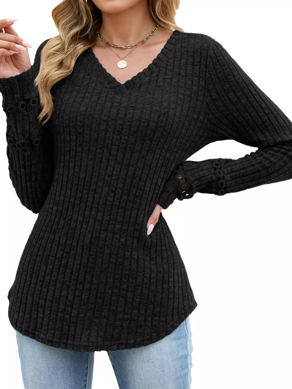 V-Neck Ribbed Knit Top with Eyelet Cuff Detail, image 19