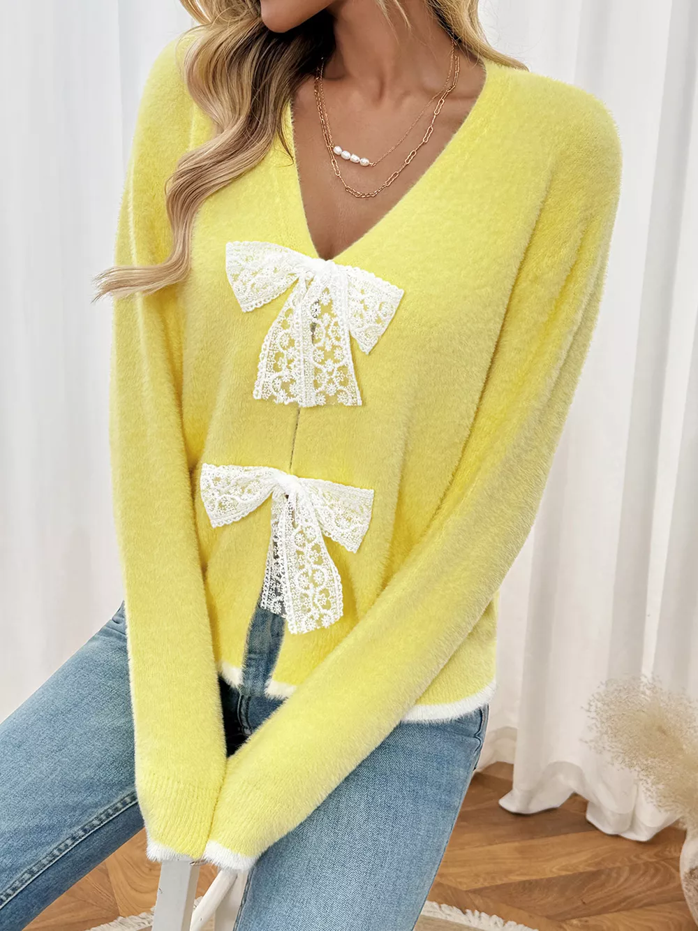 Lace Bow-Tie Front Long Sleeve Cardigan, image 2