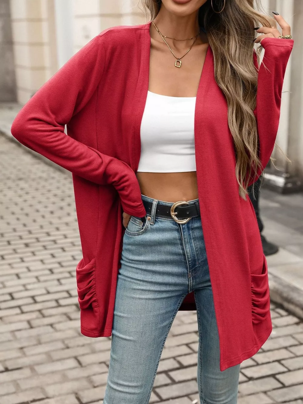 Ruched Pocket Open Front Cardigan, image 2