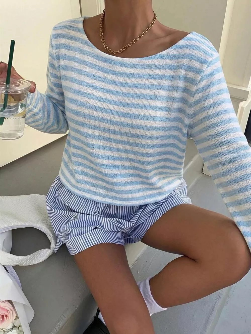 Boat Neck Striped Long Sleeve T-Shirt, image 27