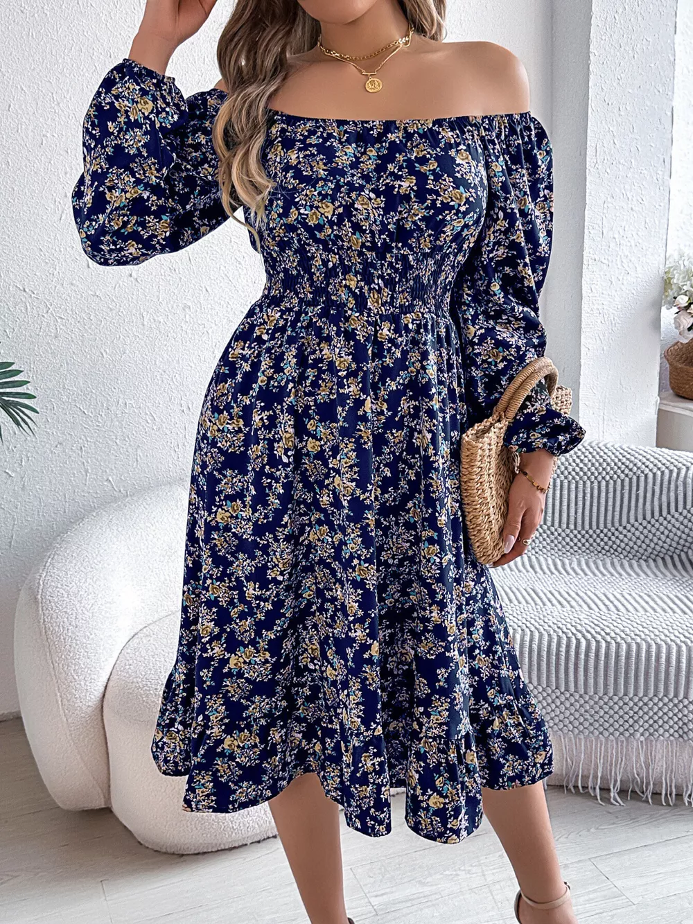 Floral Print Long Sleeve Square Neck Midi Dress, image 10
