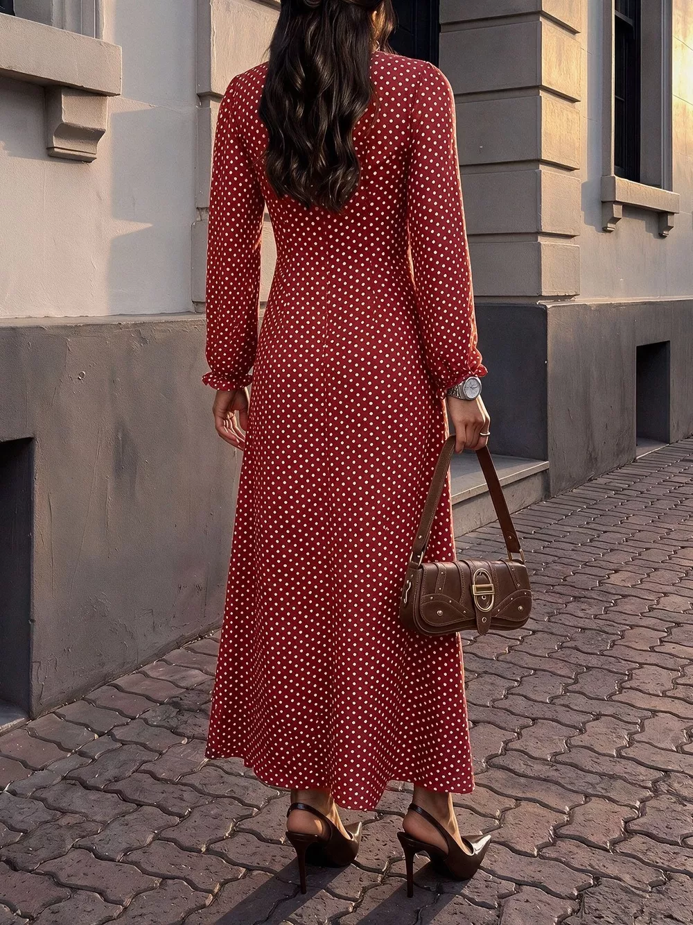 Square Neck Polka Dot Long Sleeve Maxi Dress, image 7