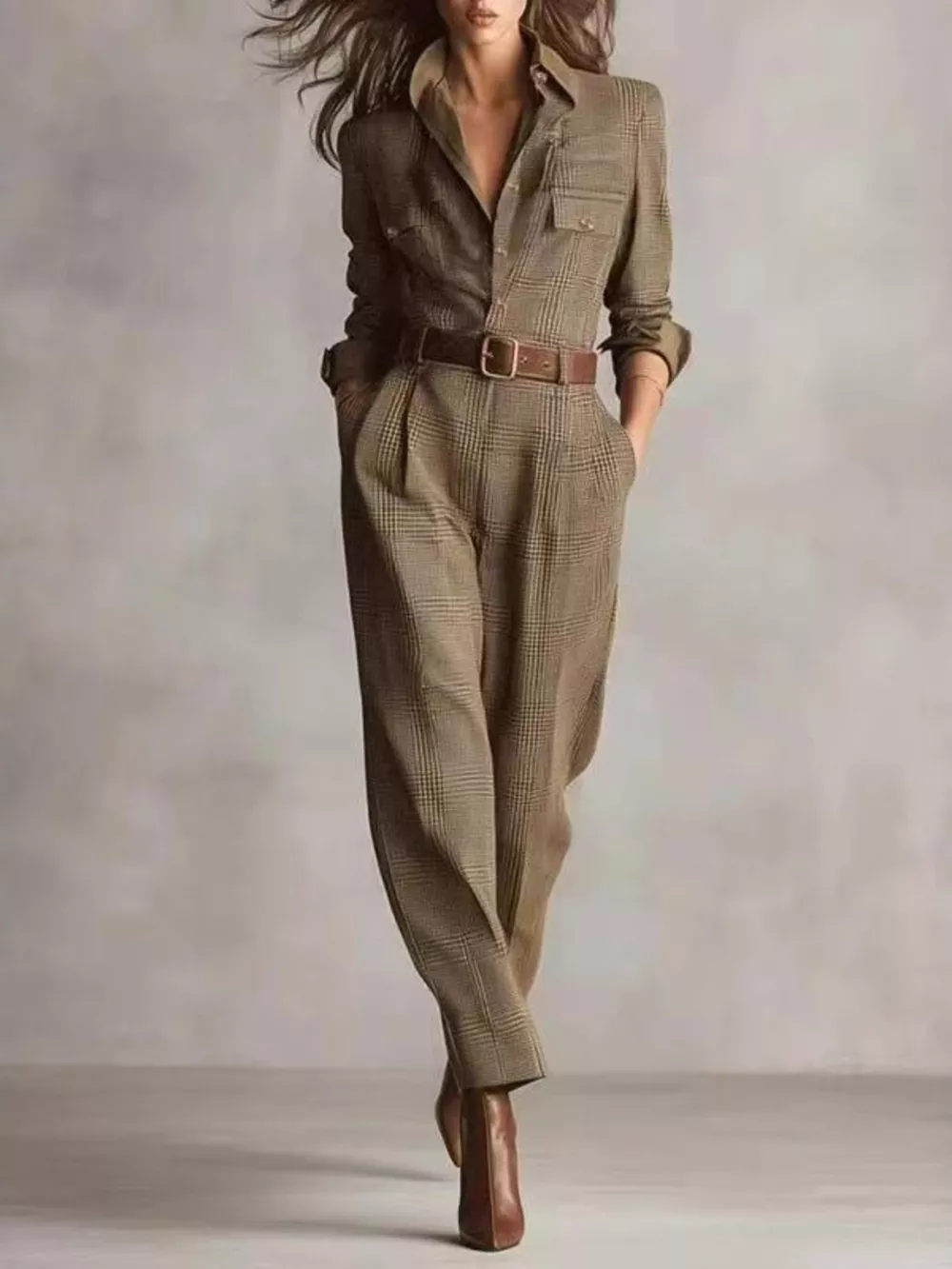 Plaid Long Sleeve Button Front Jumpsuit, image 2