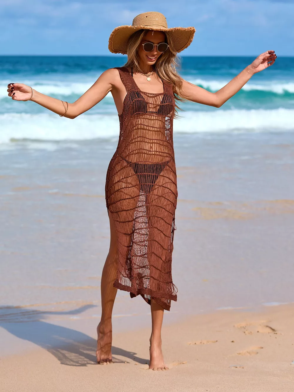 Sleeveless Crochet Knit Slit Cover-Up Dress, image 17