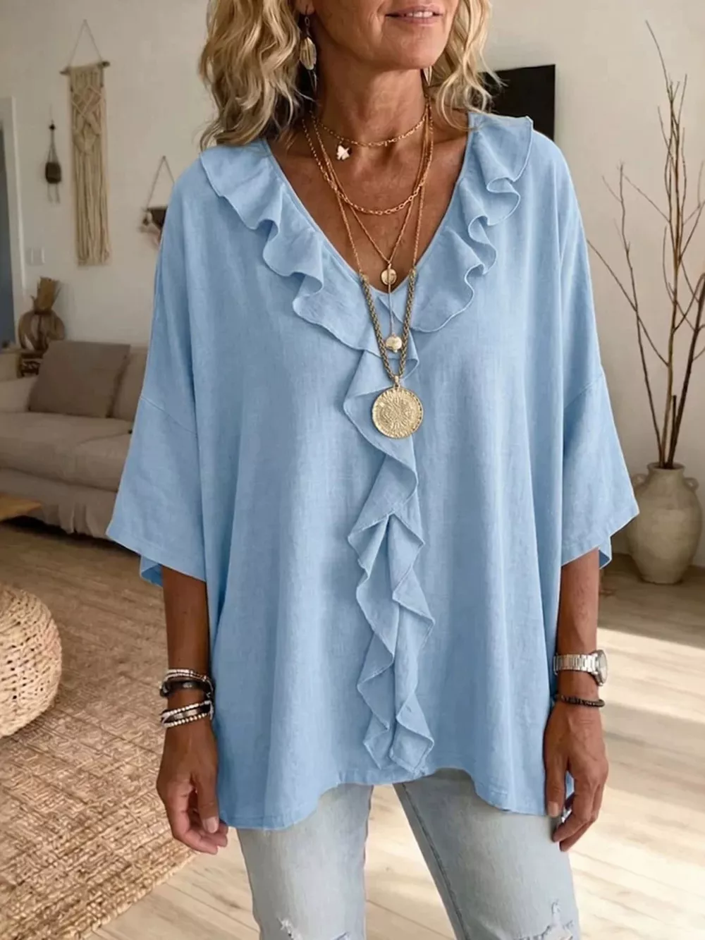 Full Size Ruffled V-Neck 3/4 Sleeve Blouse Plus Size, image 7