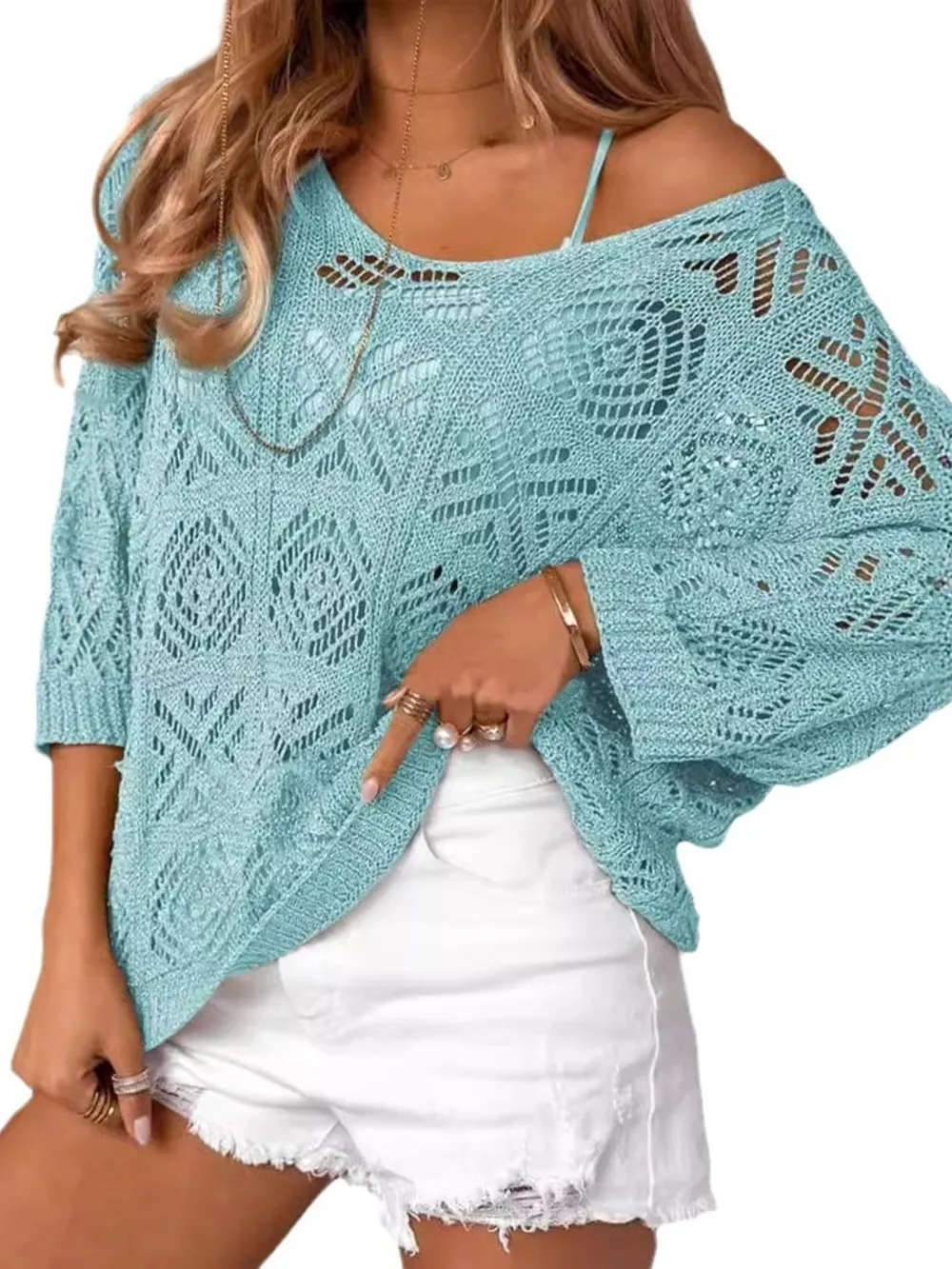 Openwork 3/4 Sleeve Knit Cover Up, image 4