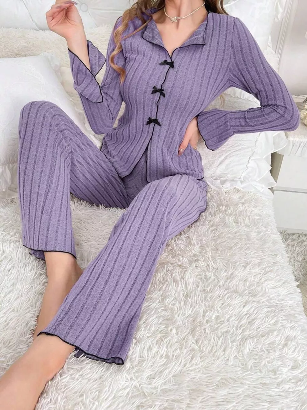 Contrast Bow Detail Top and Pants Lounge Set, image 21