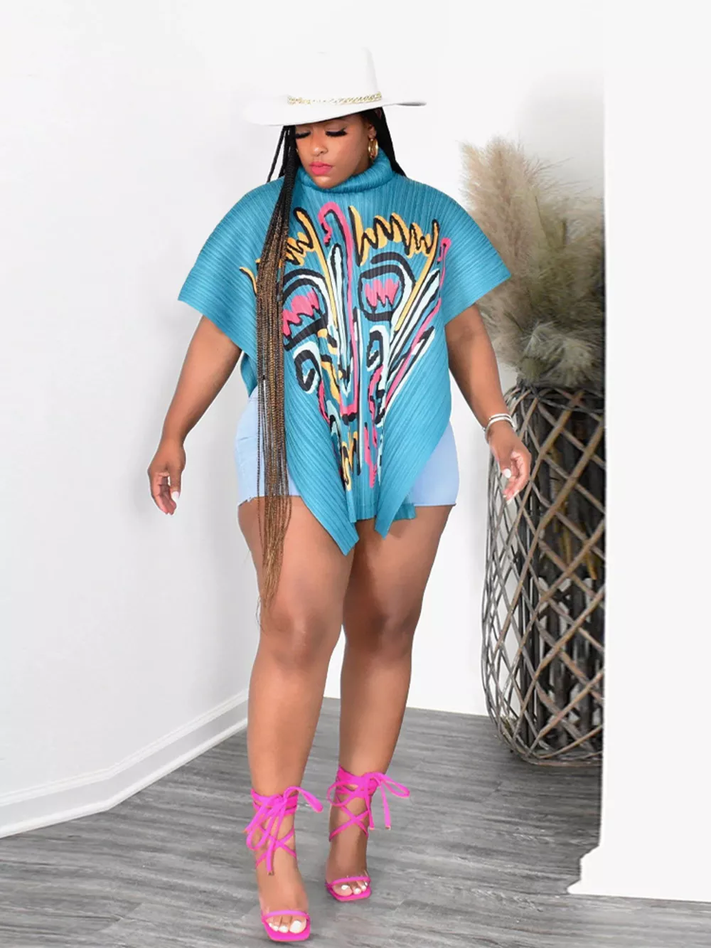 Abstract Print Turtleneck Cape Top, image 2
