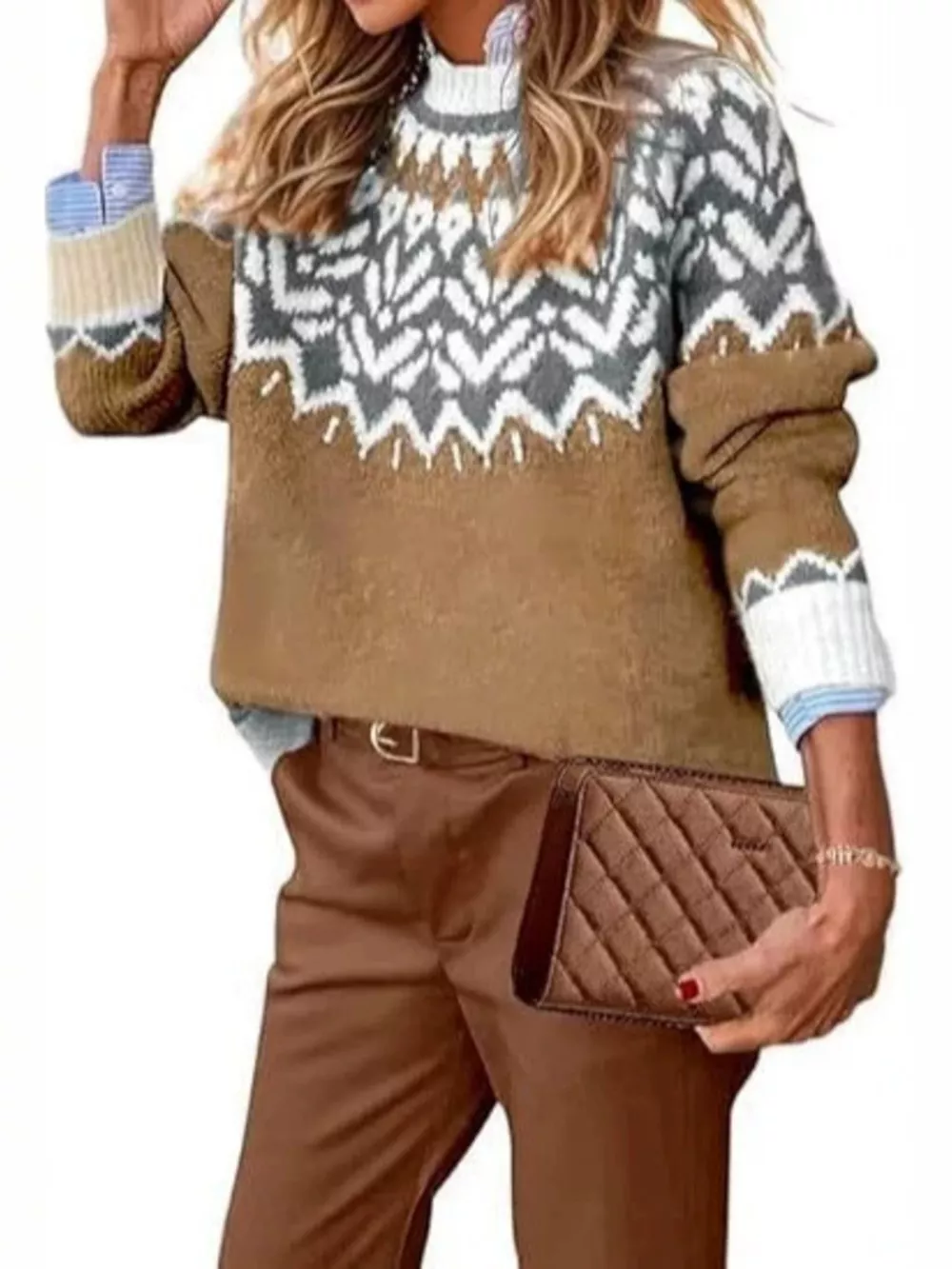 Full Size Fair Isle Patterned Long Sleeve Sweater Plus Size, image 11