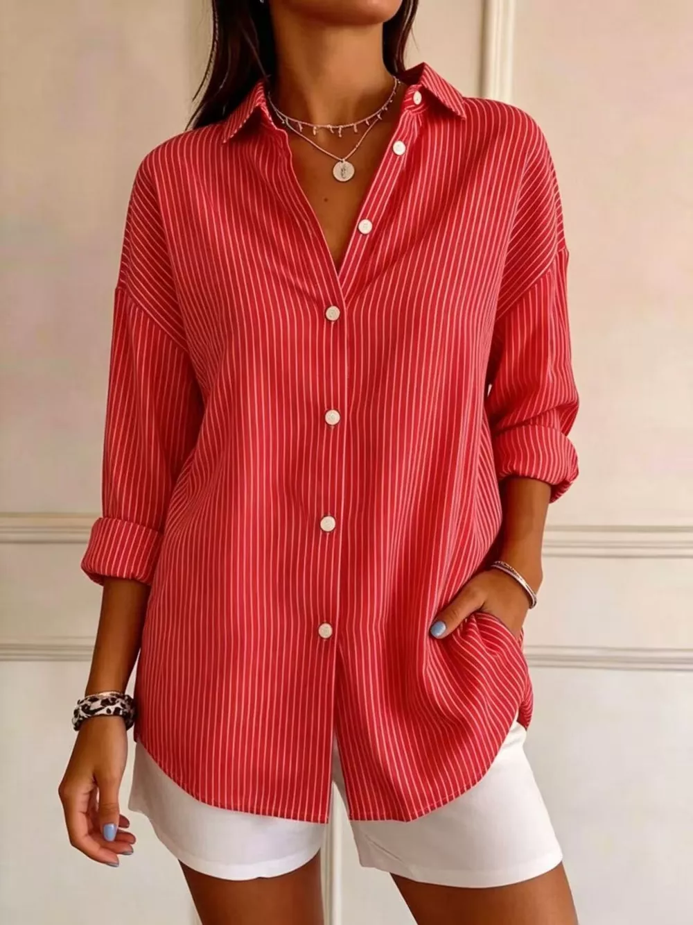 Full Size Striped Button-Down Long Sleeve Shirt Plus Size, image 7